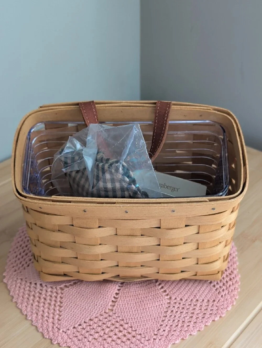 Longaberger Warm Brown Wall Pocket Basket with Protector & Liner NEW